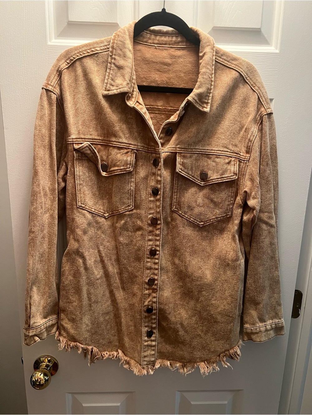 Women’s Washed Tan Denim Jacket with Frayed Hem